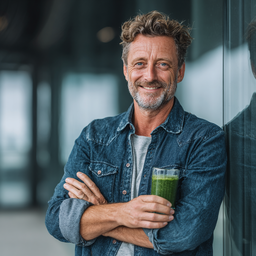 Confident middle-aged man in his late forties wearing casual shirt, smiling while holding healthy green smoothie in modern office environment