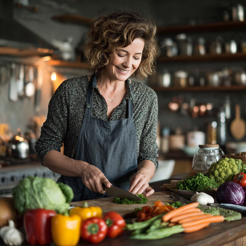 Middle-aged woman in her forties preparing healthy meal in modern kitchen, chopping fresh vegetables with smile